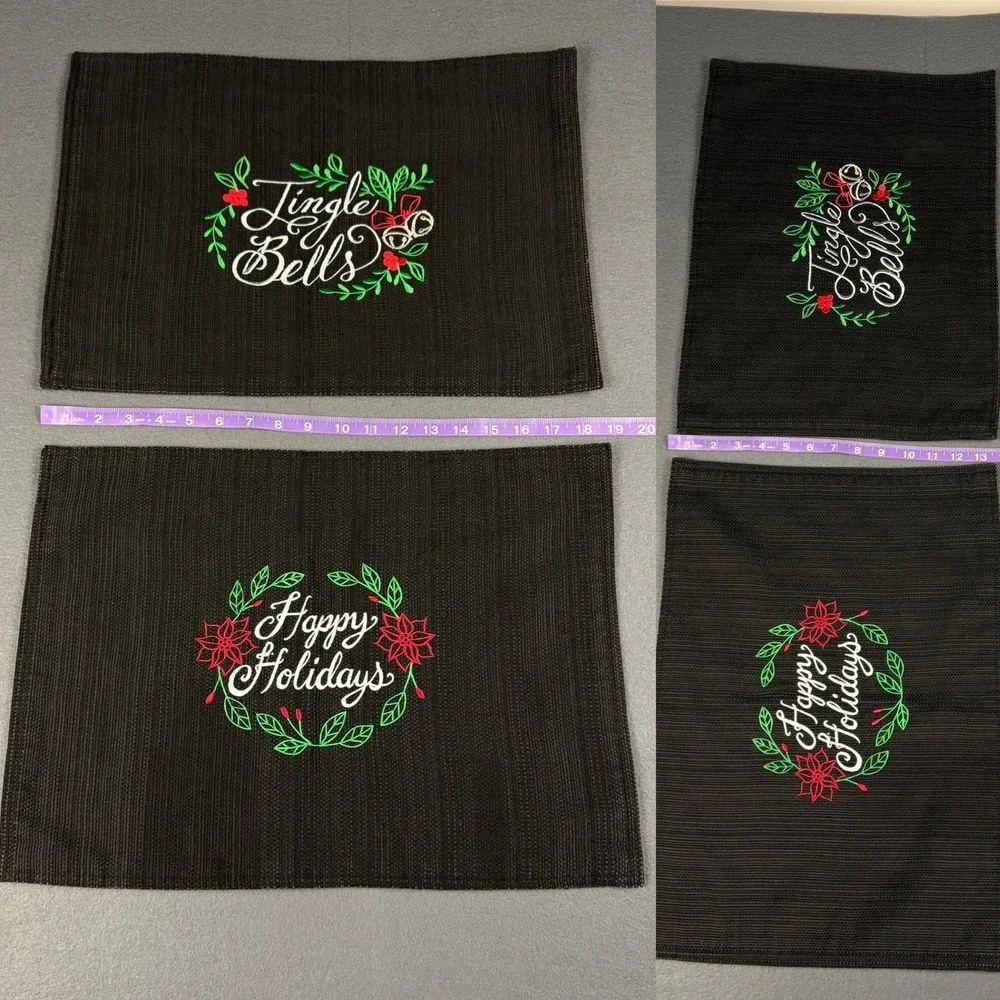 Lot of 4 Christmas Black Dark Fabric Rectangular Placemats Cursive Metallic READ